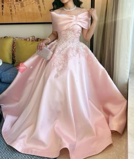 Cute Pink Off The Shoulder Satin Appliques Formal Princess Party Dress Prom Gown