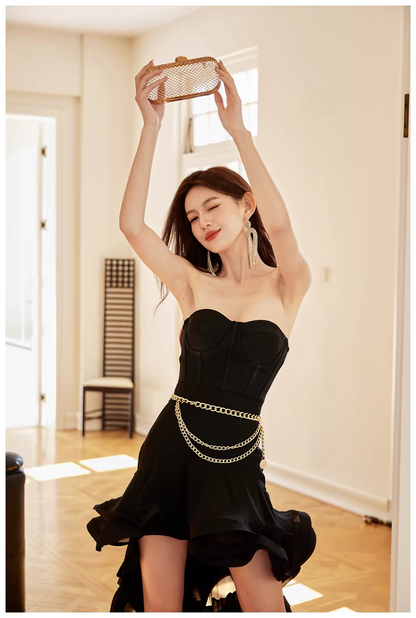 Sexy Strapless Black Ruffle Irregular Swallowtail Hem Birthday Dress Long Evening Gown