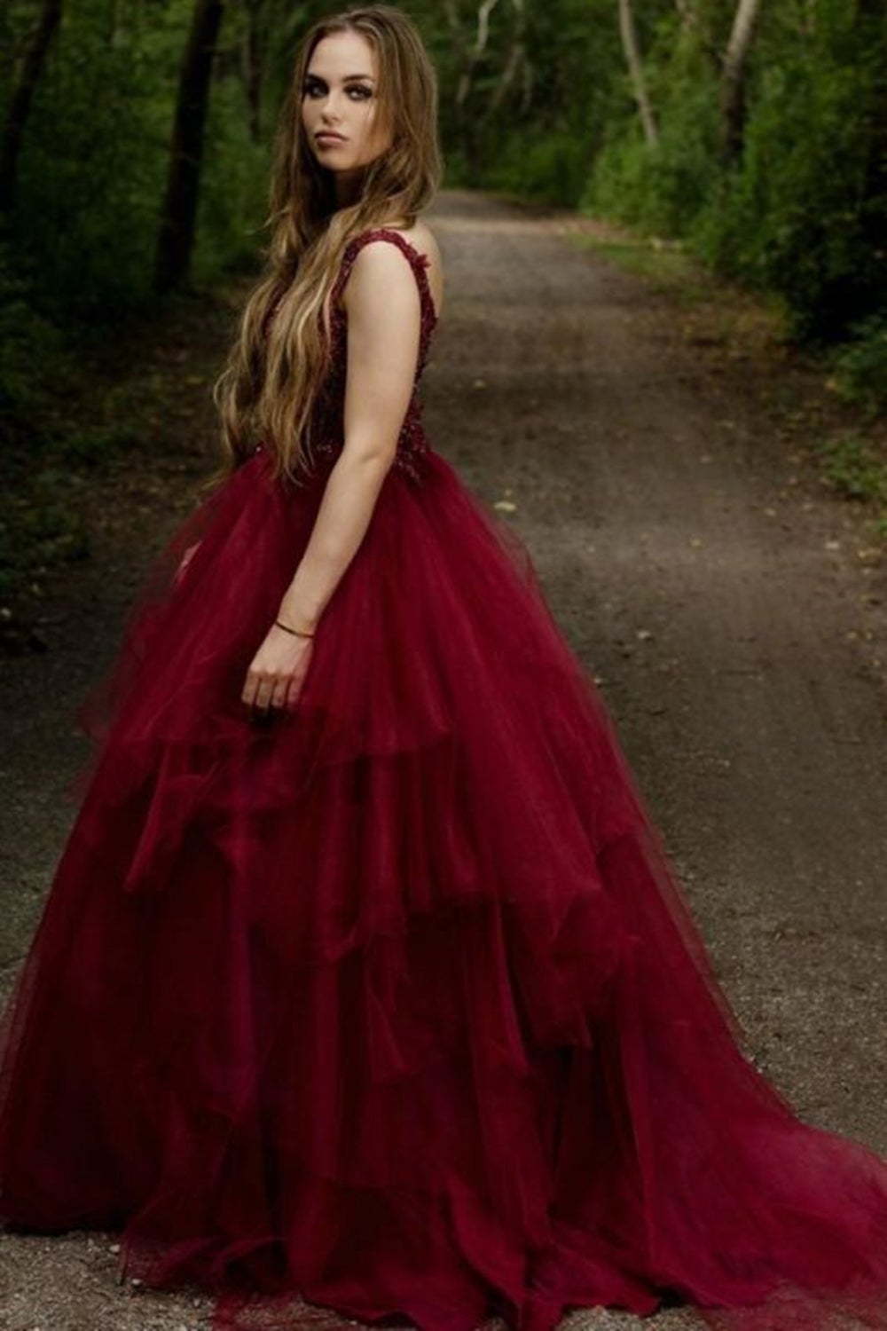 V Neck Fluffy Burgundy Lace Long Prom Dress, Burgundy Formal Dress, Burgundy Evening Gowns