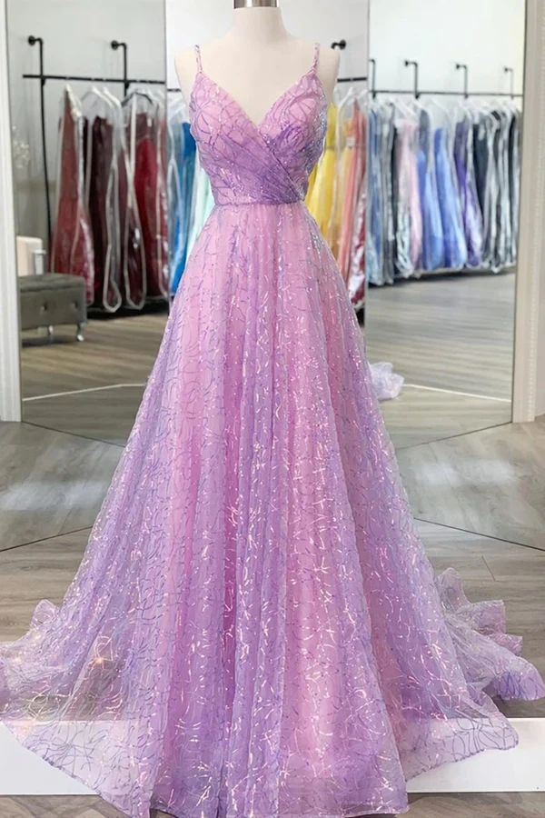 Shiny V Neck Backless Long Purple Prom Dress, Backless Purple Formal Graduation Evening Dress Y917