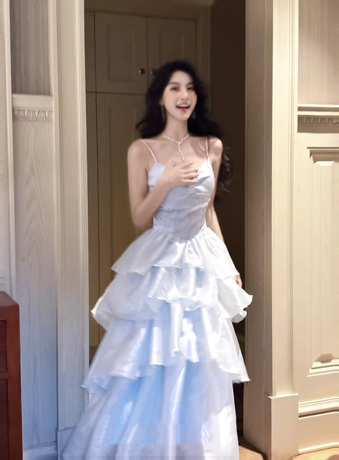 Shiny Spaghetti Straps Sky Blue Organza layered Long Party Dress Formal 21st Birthday Outfits SP1999