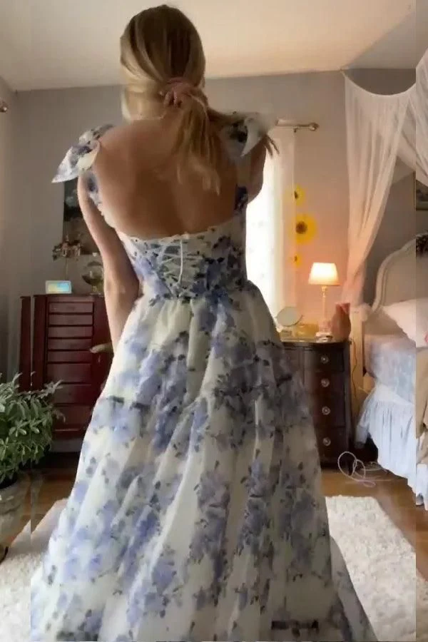 Blue Flower Pattern Prom Dress Spaghetti Strap Princess Formal Occasion Dresses A-line Party Dress Y2722
