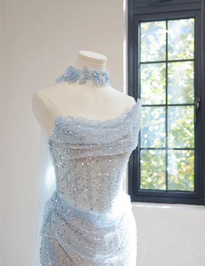 Pretty Strapless Light Blue Sequin Beaded Mermaid Long Birthday Party Dress Evening Gown