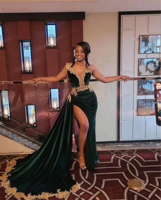 Sexy Halter Velvet Lace Appliques Evening Dress,Green Slit Party Dress Evening Gown cc2614