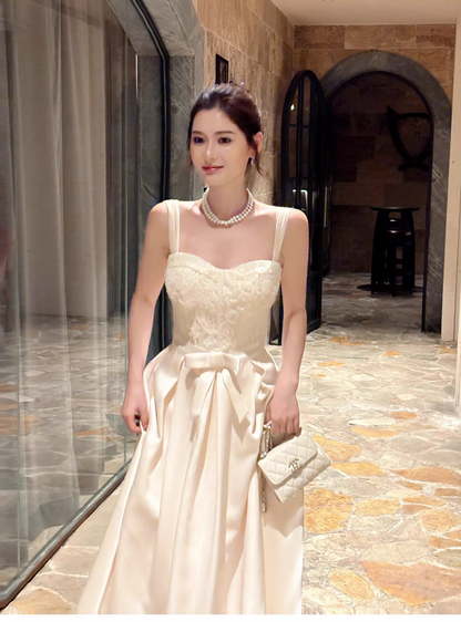 Pretty Bow Satin Lace A Line Long Evening Dress White Wedding Guest Dress SP1540