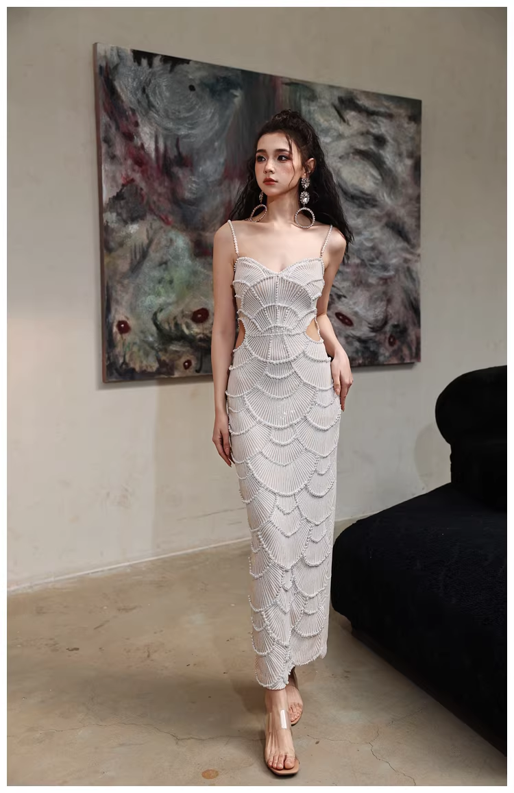 Unique Spaghetti Straps Sequin Pearls Sheath Slit Long Party Dress Birthday Evening Gown