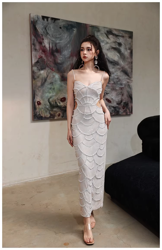 Unique Spaghetti Straps Sequin Pearls Sheath Slit Long Party Dress Birthday Evening Gown