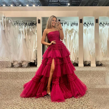 Fuchsia Sleeveless Pleated Evening Prom Dress