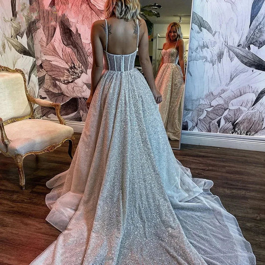 Shining A-Line Spaghetti Straps Long Wedding Prom Dress