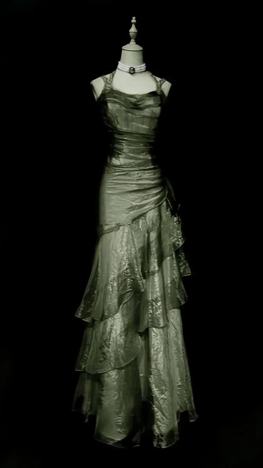 Vintage Organza Beaded Ruffle Long Prom Dresses Evening Gowns,AST2075