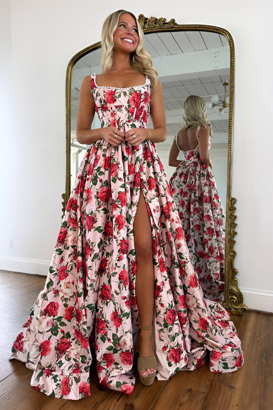 Vintage Pink Floral Square Neck Long Corset Prom Dress with Slit and Pearls