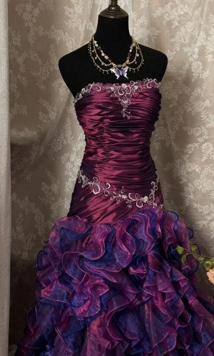 Vintage Sheath Grape Long Prom Dresses Tiered Tulle Strapless Quinceanera Dresses Sweet 16 Dresses,AST2281