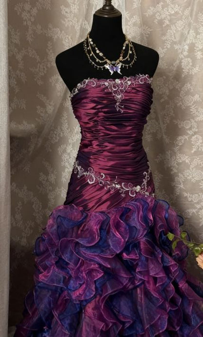 Vintage Sheath Grape Long Prom Dresses Tiered Tulle Strapless Quinceanera Dresses Sweet 16 Dresses,AST2281