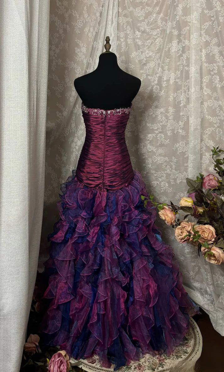 Vintage Sheath Grape Long Prom Dresses Tiered Tulle Strapless Quinceanera Dresses Sweet 16 Dresses,AST2281