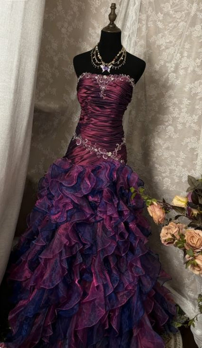 Vintage Sheath Grape Long Prom Dresses Tiered Tulle Strapless Quinceanera Dresses Sweet 16 Dresses,AST2281