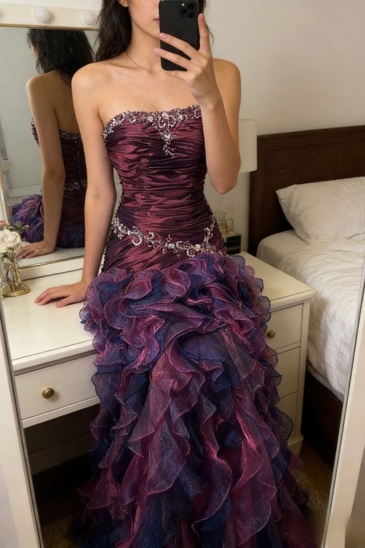 Vintage Sheath Grape Long Prom Dresses Tiered Tulle Strapless Quinceanera Dresses Sweet 16 Dresses,AST2281