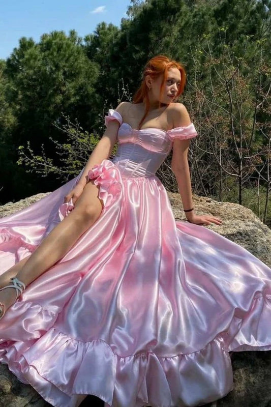 Vintage Style Pink Off The Shoulder Prom Dress with Corset Bodice and Flowing Ruffle Skirt