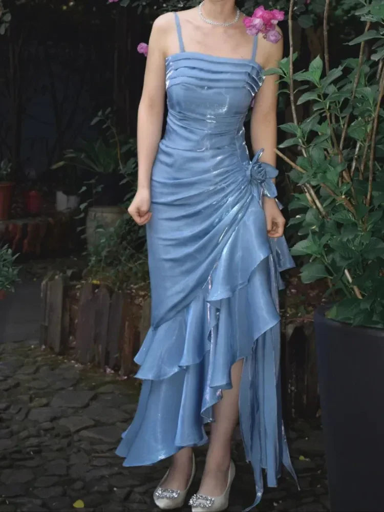 omberprom Vintage Light Blue Spaghetti Straps Floral Asymmetrical Hem Prom Dress Charming Evening Party Dress