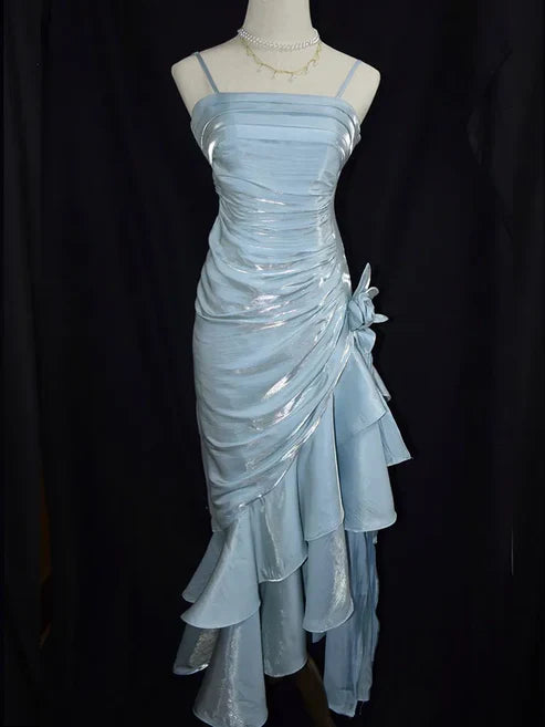 omberprom Vintage Light Blue Spaghetti Straps Floral Asymmetrical Hem Prom Dress Charming Evening Party Dress