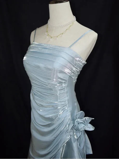 omberprom Vintage Light Blue Spaghetti Straps Floral Asymmetrical Hem Prom Dress Charming Evening Party Dress