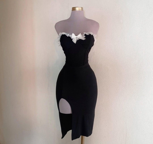 Simple Lace Strapless Satin Sheath Slit Cocktail Dress Formal Graduation Homecoming Dress Y9104