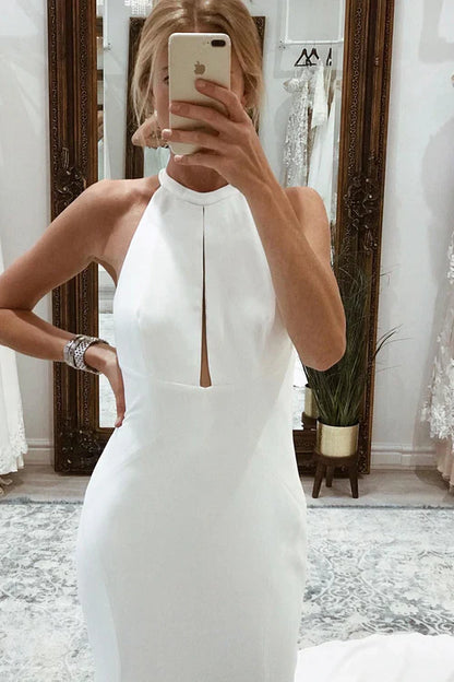 omberprom Elegant Halter Sleeveless Long Wedding Dress Simple Bridal Gown