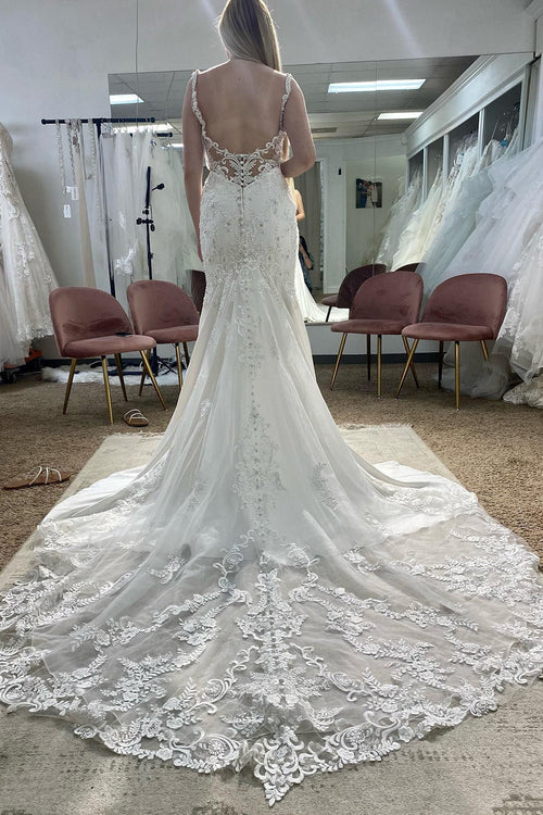 omberprom Elegant Deep V-Neck Mermaid Long Wedding Dress with Appliques