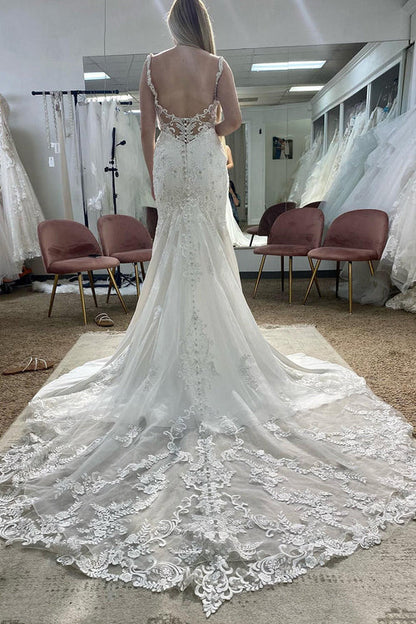 omberprom Elegant Deep V-Neck Mermaid Long Wedding Dress with Appliques