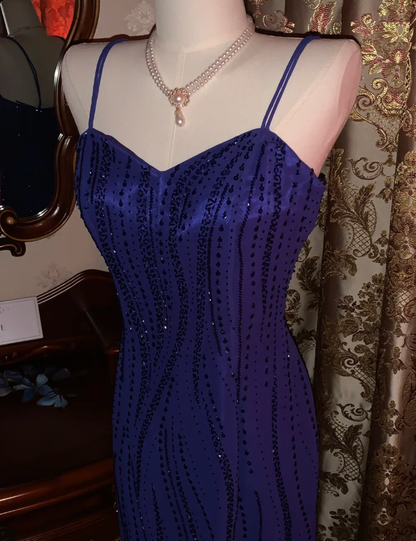 Gorgeous Spaghetti Straps V Neck Blue Satin Beaded Long Birthday Party Dress Formal Evening Gown