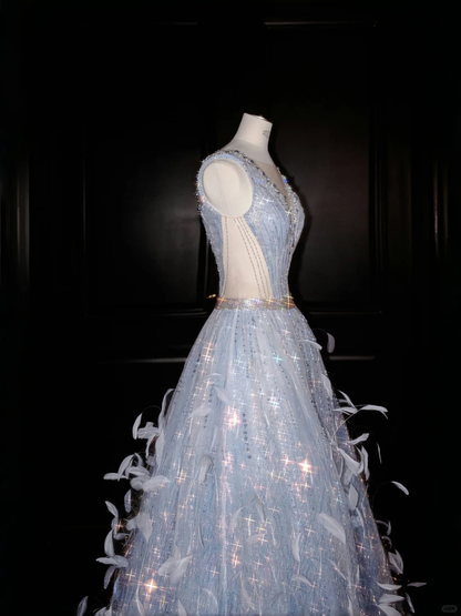 Glamorous V Neck Tulle Beaded Feathers A Line Prom Dress Evening Dress Y8682