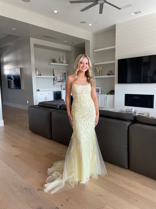Elegant Yellow Backless Lace Prom Dress Mermaid Party Evening Gown cc1907