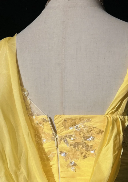 Glamorous Yellow Chiffon Sequin Mermaid Long Party Dress Prom Gown Formal Wedding Guest Dress