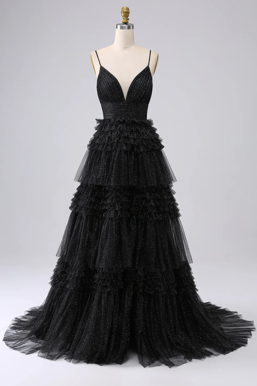 omberprom Sweetheart A Line Evening Dress Spaghetti Straps Long Tulle Prom Dress with Ruffles