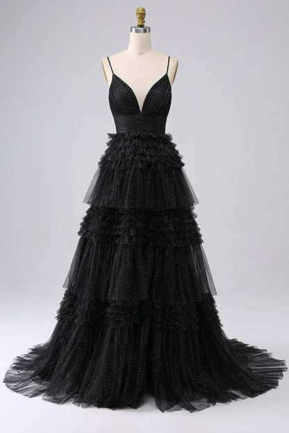 omberprom Sweetheart A Line Evening Dress Spaghetti Straps Long Tulle Prom Dress with Ruffles