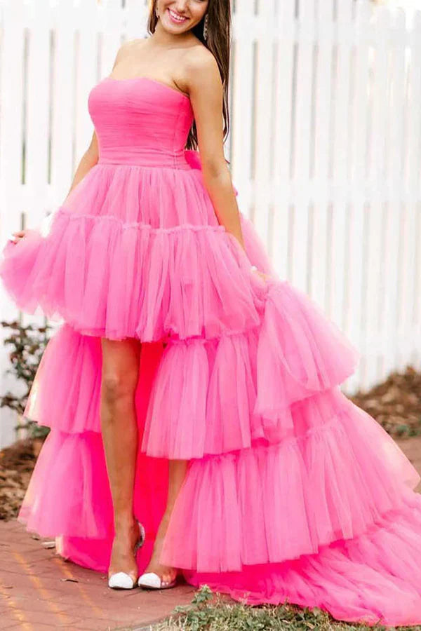 omberprom Fashion A-line Evening Dress High Low Strapless Tulle Prom Dress with Ruffles