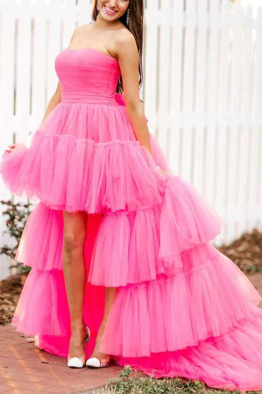 omberprom Fashion A-line Evening Dress High Low Strapless Tulle Prom Dress with Ruffles