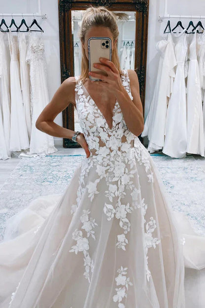 omberprom Elegant A-Line V-Neck Long Tulle Wedding Dress with Appliques