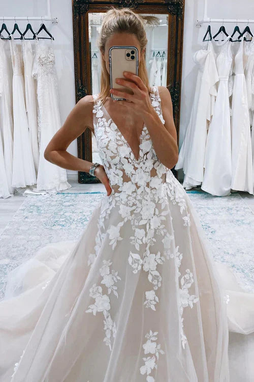 omberprom Elegant A-Line V-Neck Long Tulle Wedding Dress with Appliques