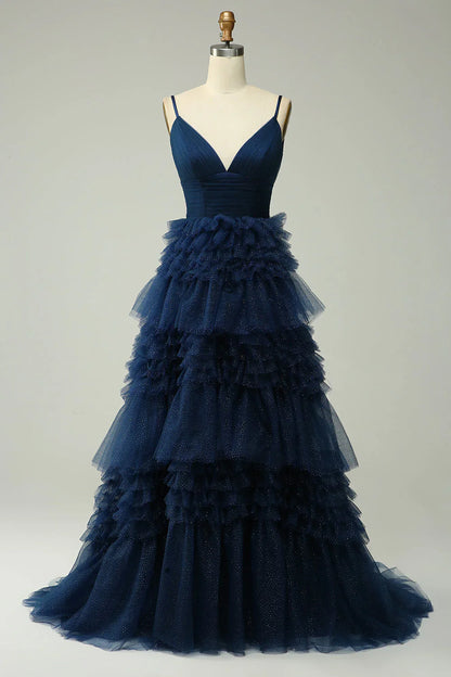 omberprom Sweetheart A Line Evening Dress Spaghetti Straps Long Tulle Prom Dress with Ruffles