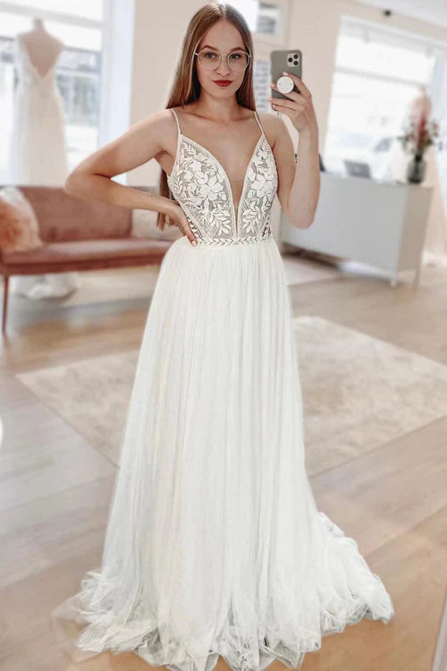 omberprom Elegant Simple A-Line Boho Long Chiffon Wedding Dress with Lace Appliques