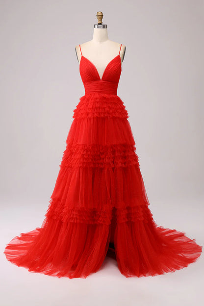 omberprom Sweetheart A Line Evening Dress Spaghetti Straps Long Tulle Prom Dress with Ruffles