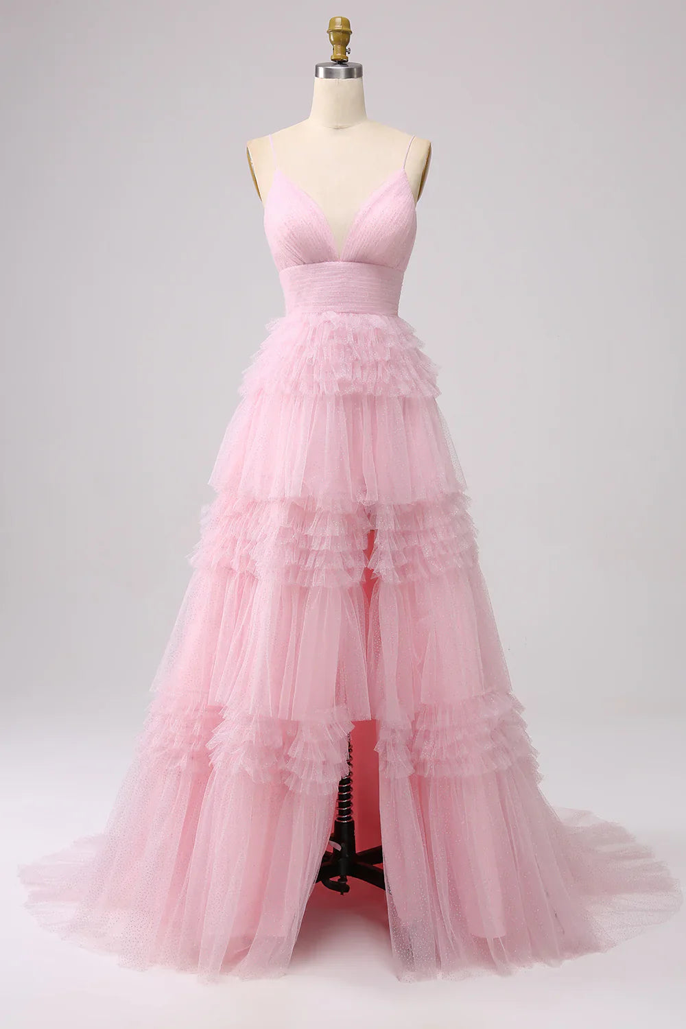 omberprom Sweetheart A Line Evening Dress Spaghetti Straps Long Tulle Prom Dress with Ruffles