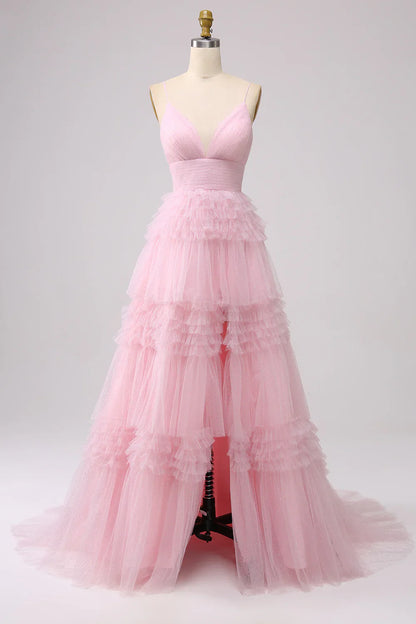 omberprom Sweetheart A Line Evening Dress Spaghetti Straps Long Tulle Prom Dress with Ruffles