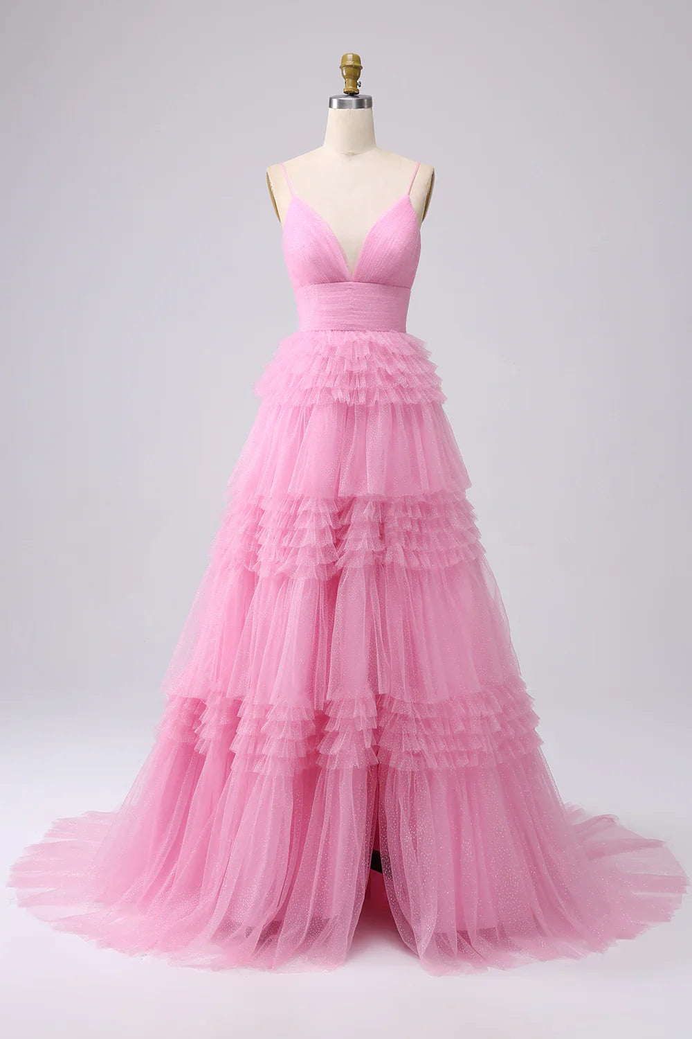 omberprom Sweetheart A Line Evening Dress Spaghetti Straps Long Tulle Prom Dress with Ruffles
