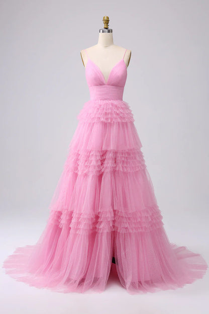 omberprom Sweetheart A Line Evening Dress Spaghetti Straps Long Tulle Prom Dress with Ruffles