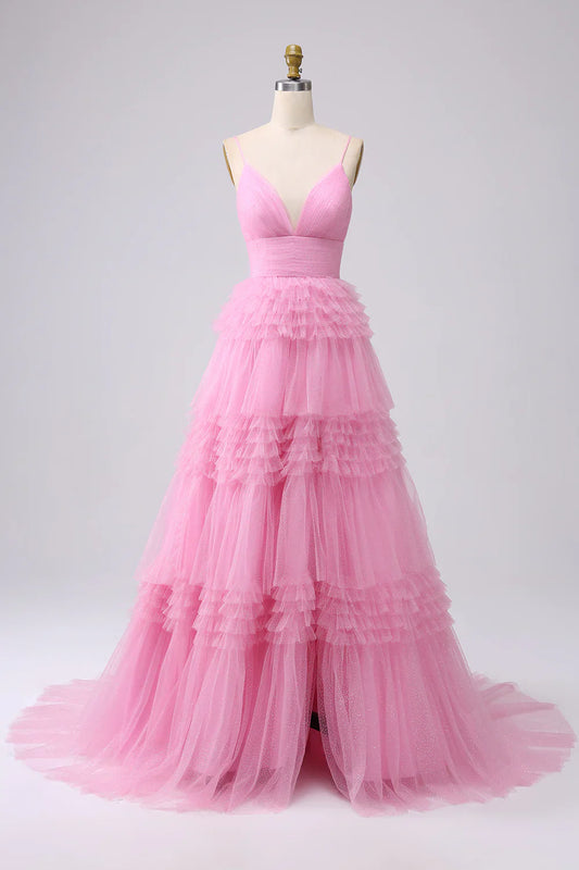 omberprom Sweetheart A Line Evening Dress Spaghetti Straps Long Tulle Prom Dress with Ruffles