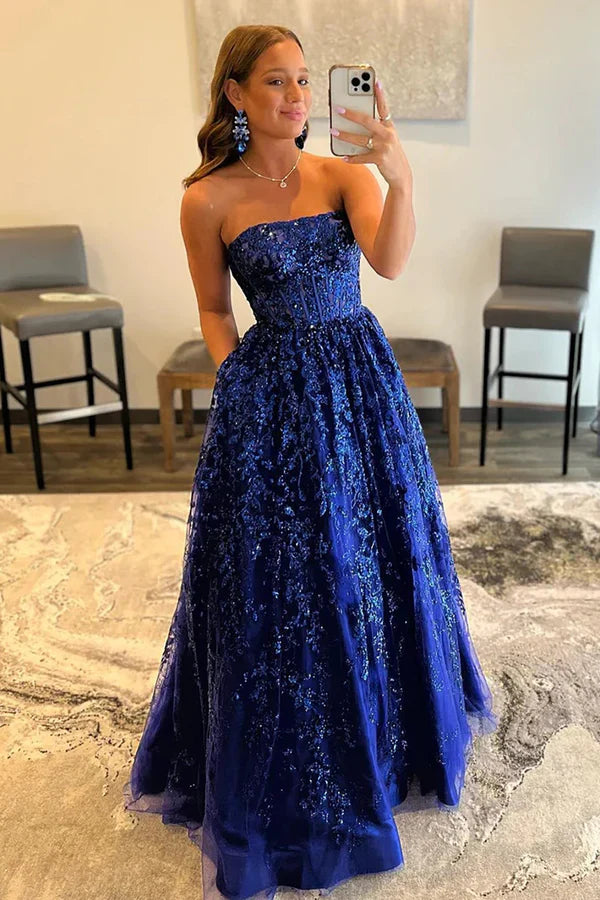 omberprom A-line Evening Dress Sequined Lace Long Prom Dress with Pockets