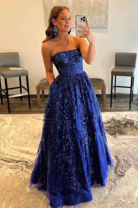 omberprom A-line Evening Dress Sequined Lace Long Prom Dress with Pockets