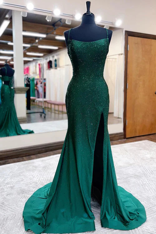 omberprom Mermaid Evening Dress Spaghettti Strap Beaded Satin Prom Dress with Slit