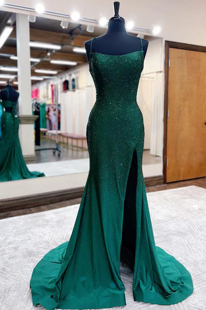 omberprom Mermaid Evening Dress Spaghettti Strap Beaded Satin Prom Dress with Slit